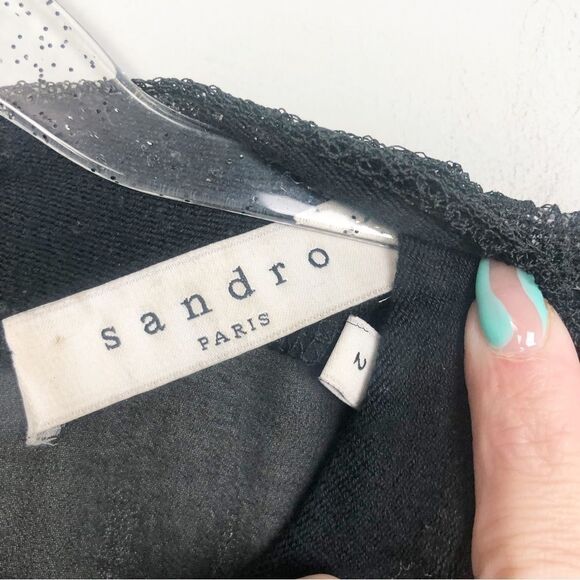 SANDRO PARIS | High Neck Sheer Accent Long Sleeve Black Top Women’s Size 2 - Picture 7 of 10